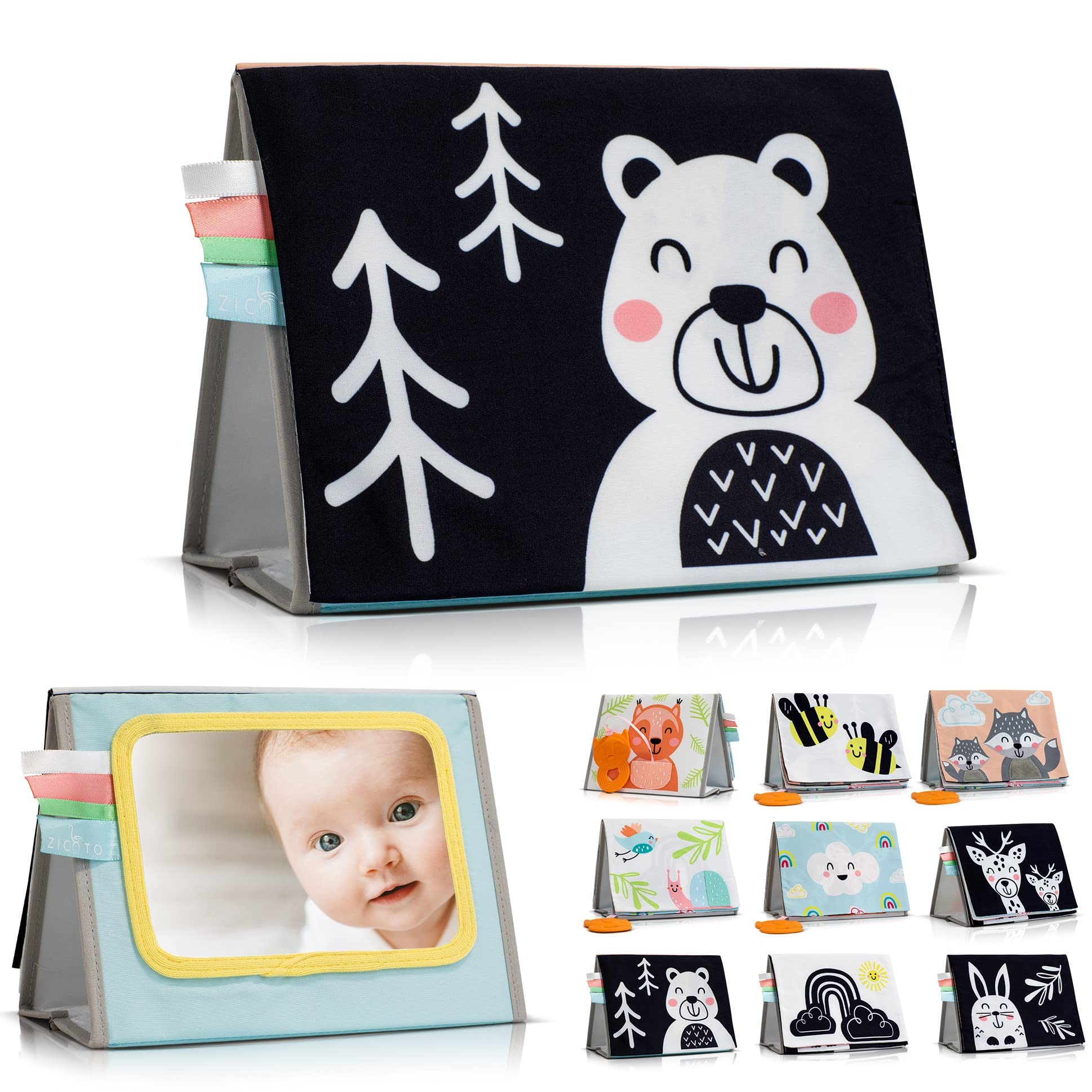 ZICOTO soft tummy time book with mirror—promotes visual tracking during tummy time.