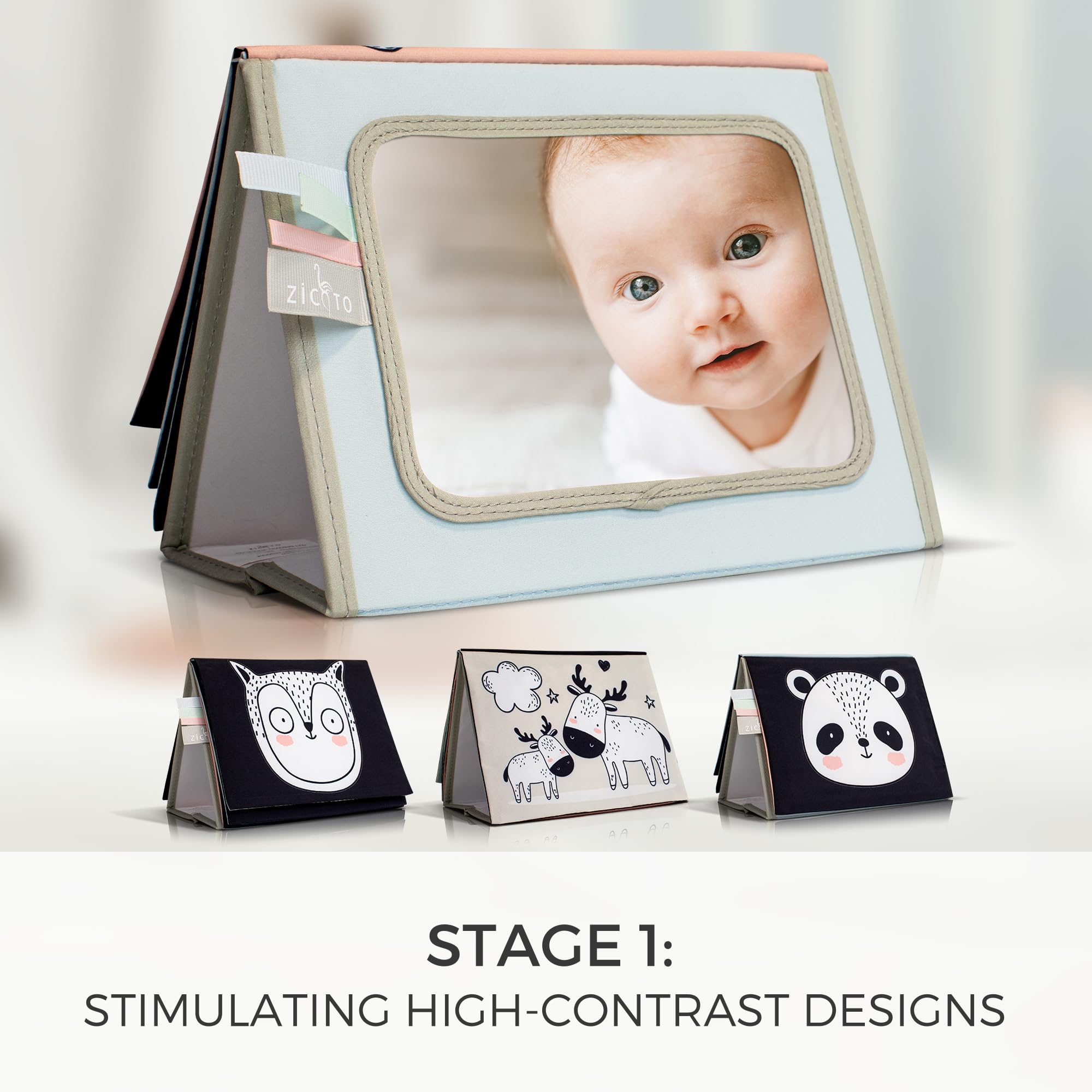 ZICOTO Soft Tummy Time Book BPA-free silicone teether adds safe teething play.