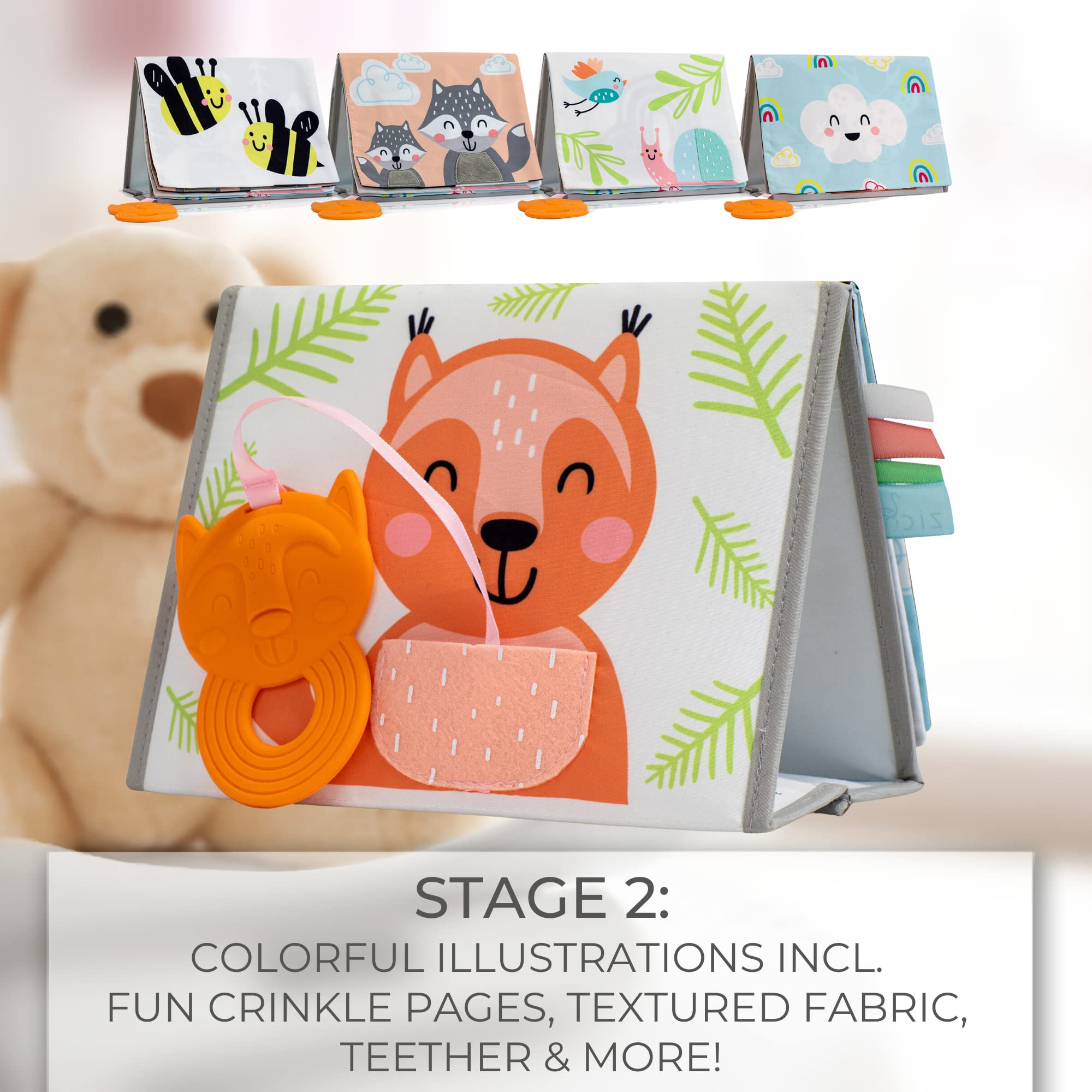 ZICOTO soft tummy time book teether—BPA-free teether for safe soothing during play.
