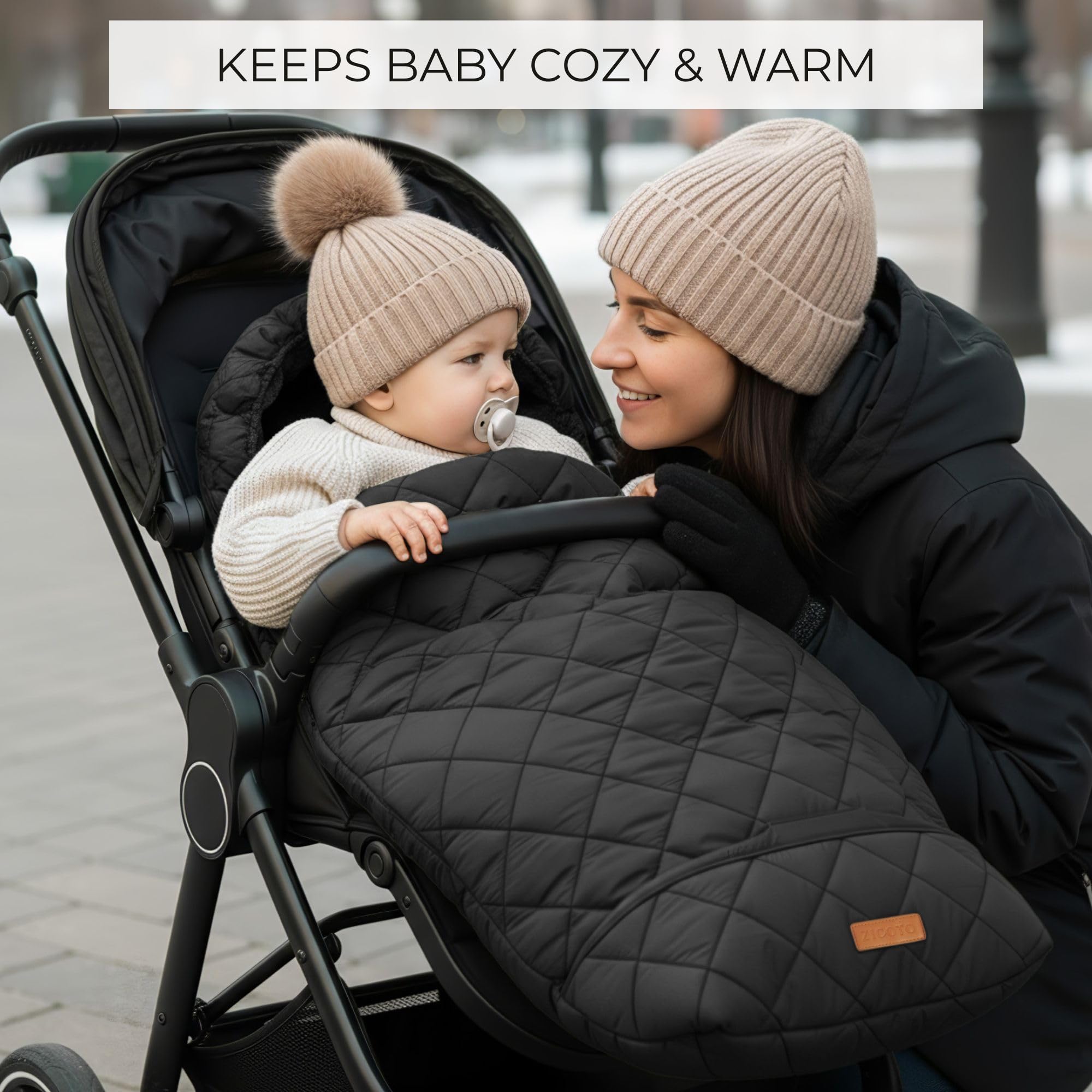 ZICOTO stroller bunting bag side view demonstrates secure fit and easy checks.