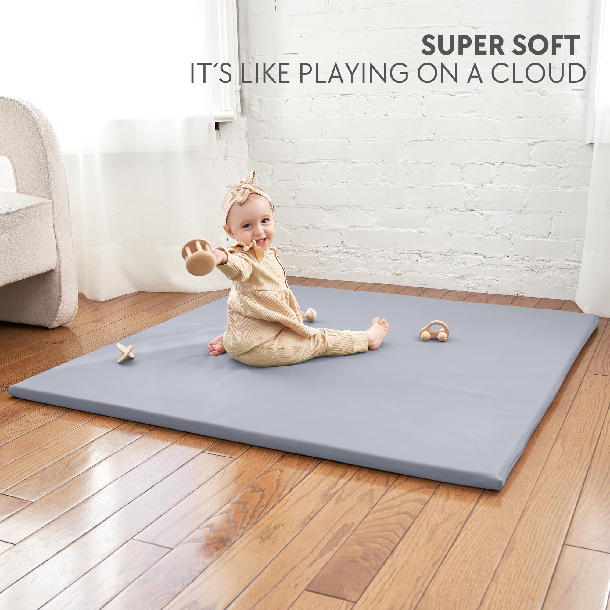 ZICOTO vegan leather baby play mat blue surface complements modern decor and safe play.