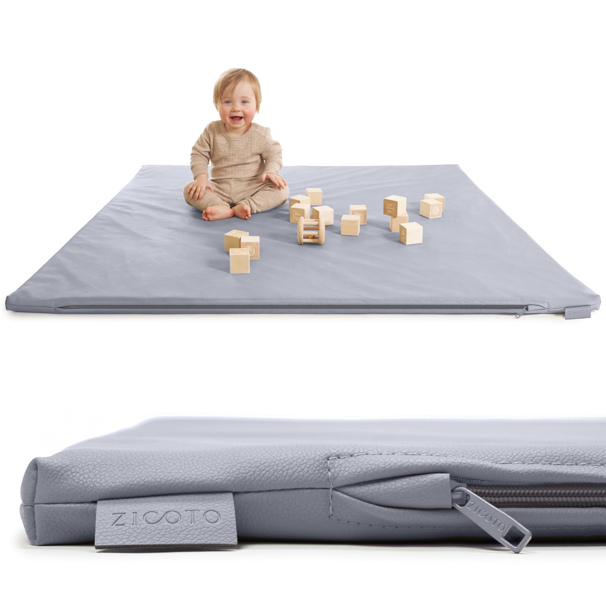 ZICOTO vegan leather baby play mat closeup showing soft foam padding for cozy playtime.