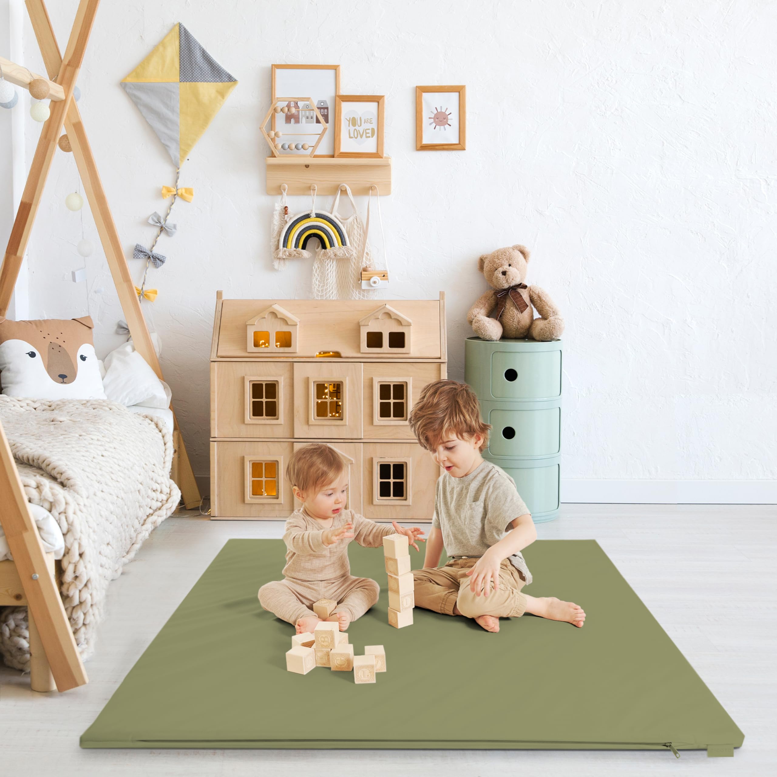 ZICOTO sage-green mat complements nursery decor while creating a cozy play zone.