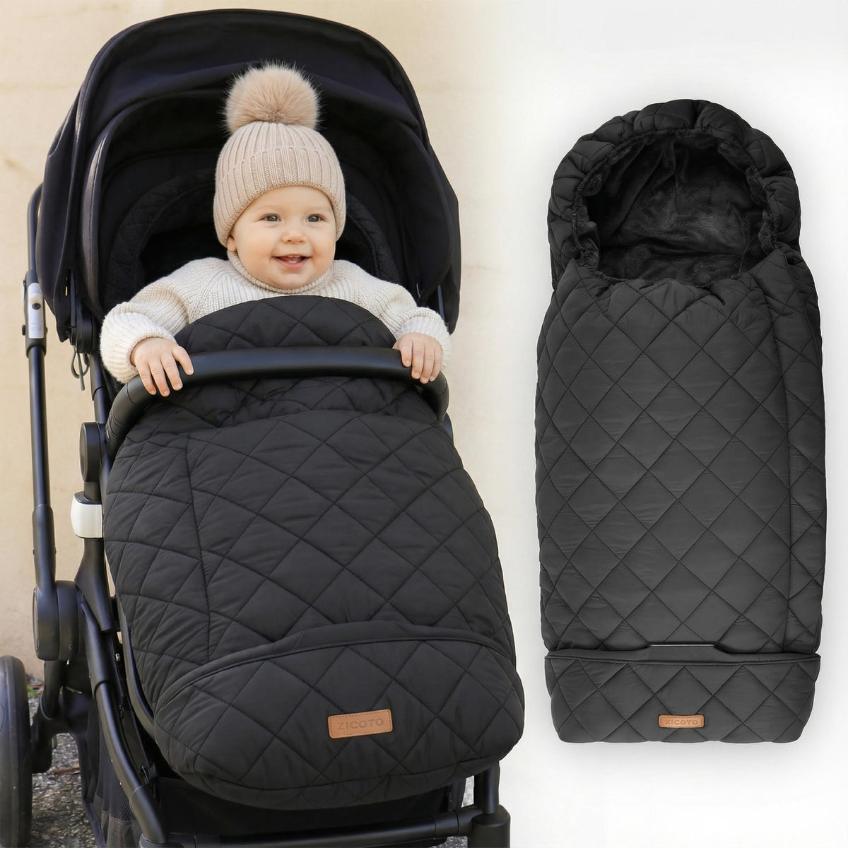 ZICOTO warm winter stroller cover on an outdoor walk keeps baby cozy in cold weather.
