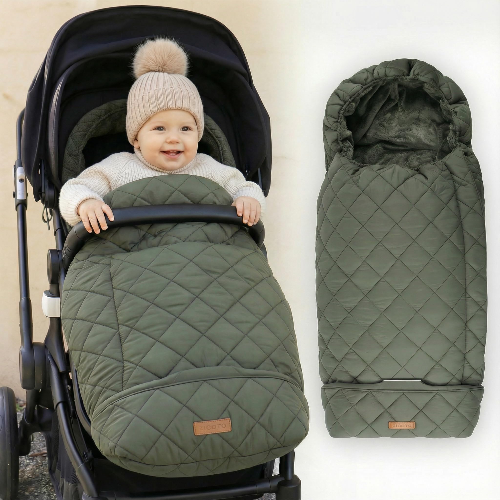 ZICOTO waterproof-fabric winter stroller cover keeps baby dry during rain.