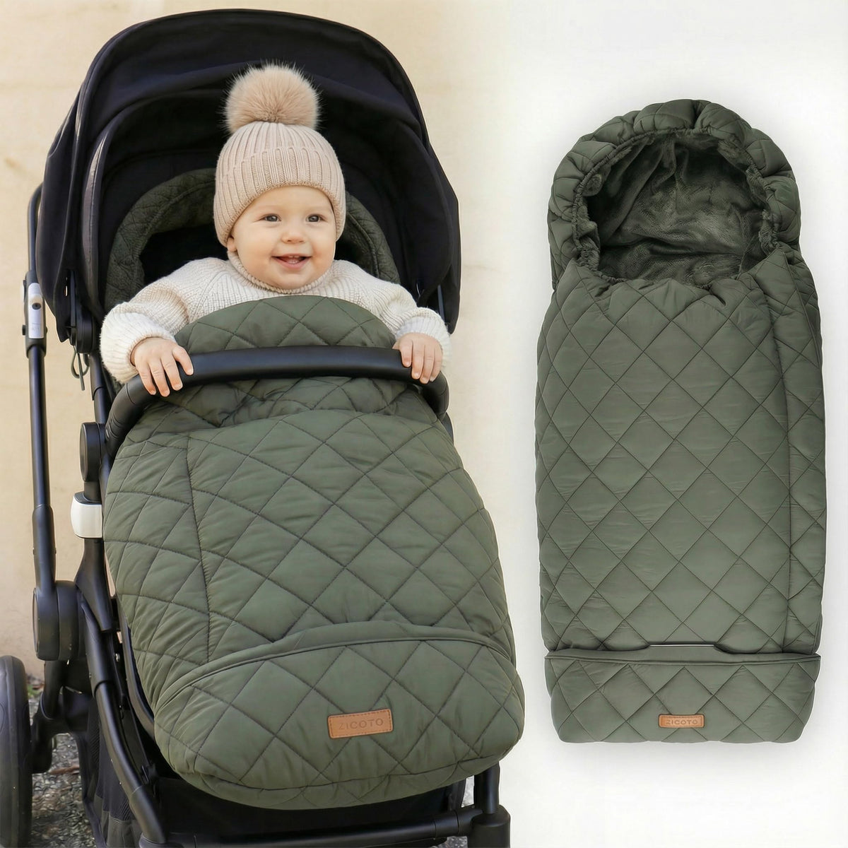 ZICOTO waterproof-fabric winter stroller cover keeps baby dry during rain.