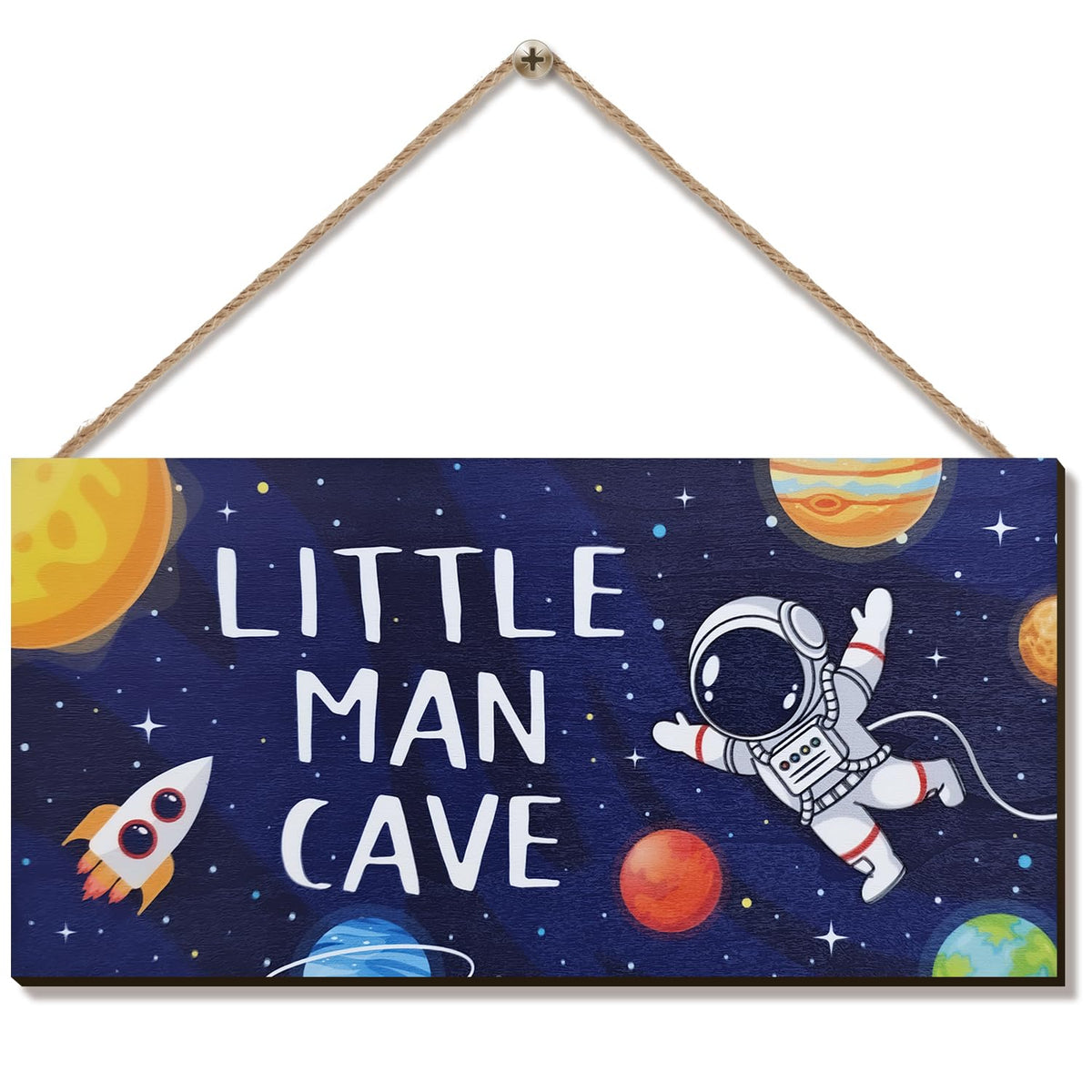 ZIEYOMI Little Man Cave Sign with astronaut pattern adds lively space-themed decor for a boy's room