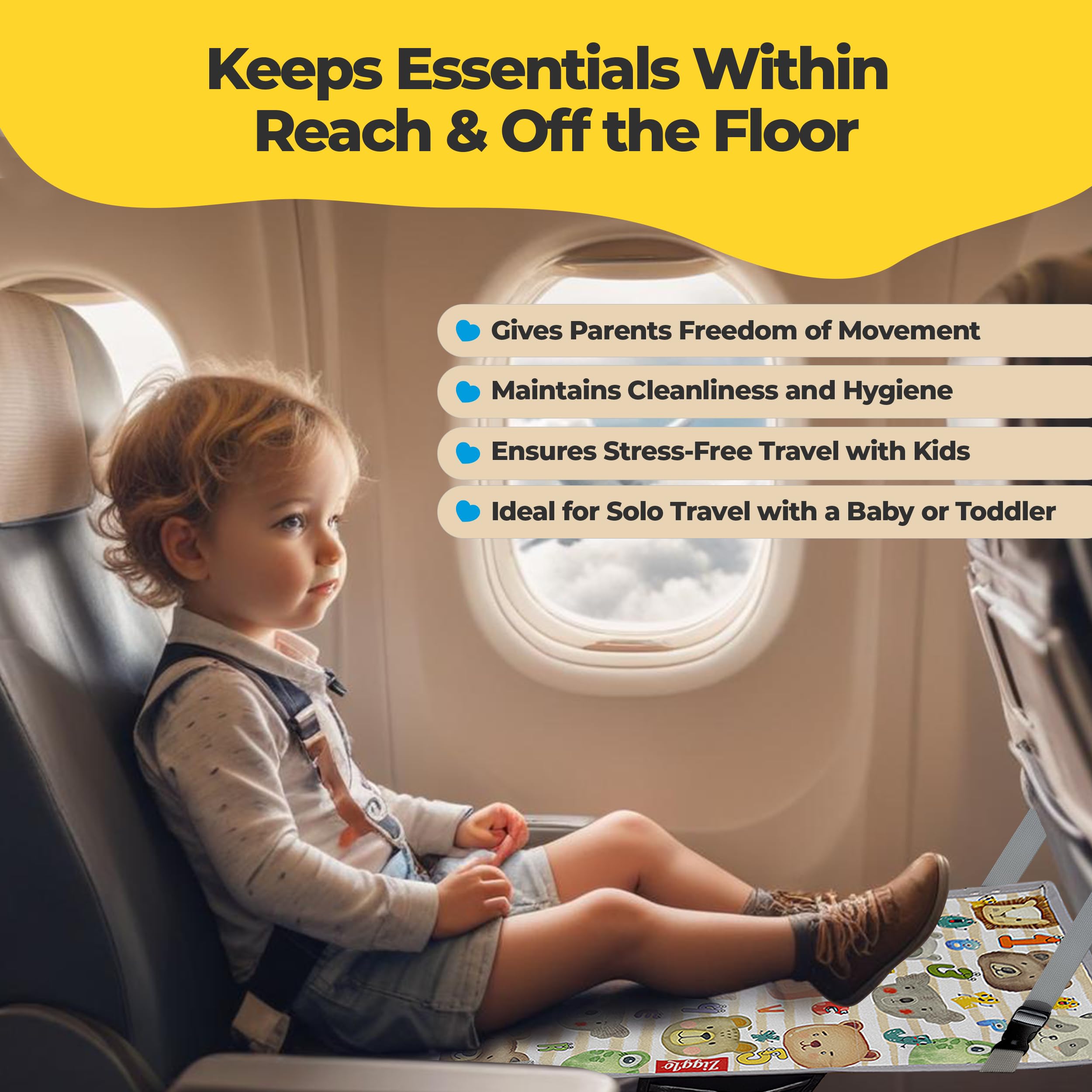 Zigglo airplane seat extender in use providing safer travel surface