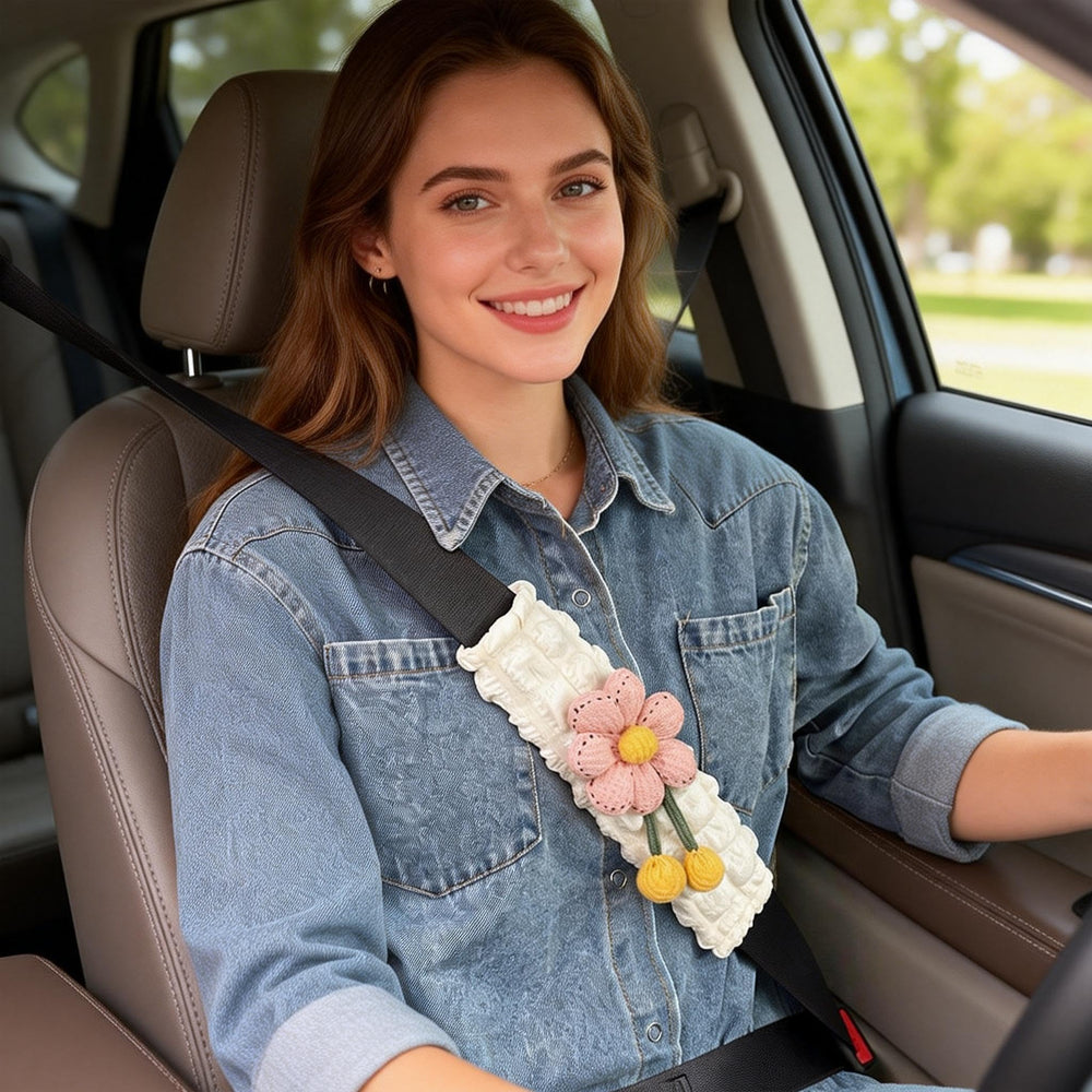 Zigihos seatbelt pad closeup shows plush fabric and cute design for style and comfort.