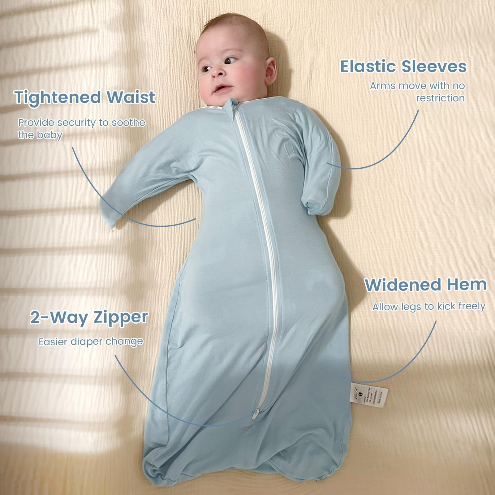ZIGJOY Shark-Fin Swaddle 2-Way zipper enables quick diaper changes.