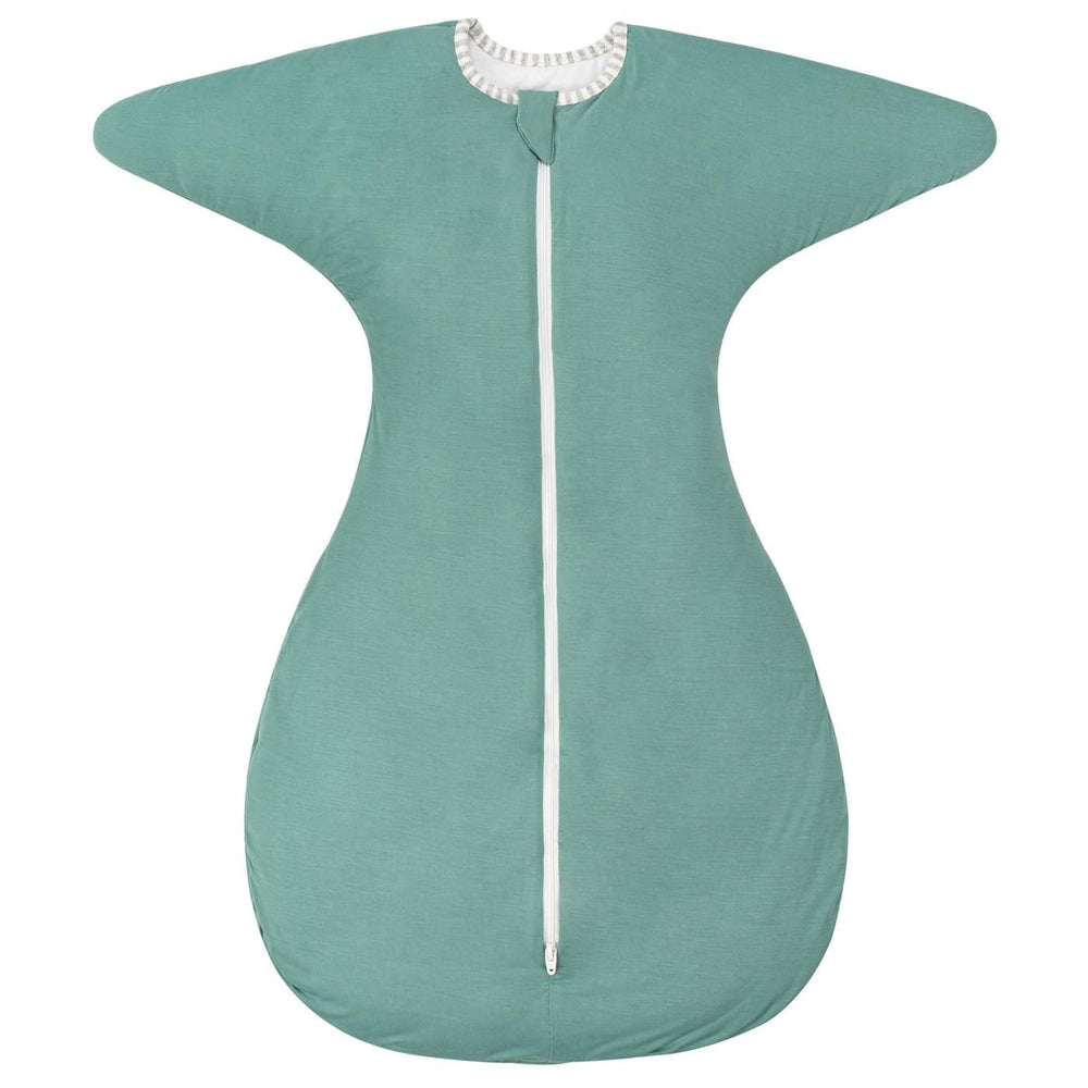 ZIGJOY Shark-Fin transitional swaddle with arm room supports natural movement and self-soothing in mint green.