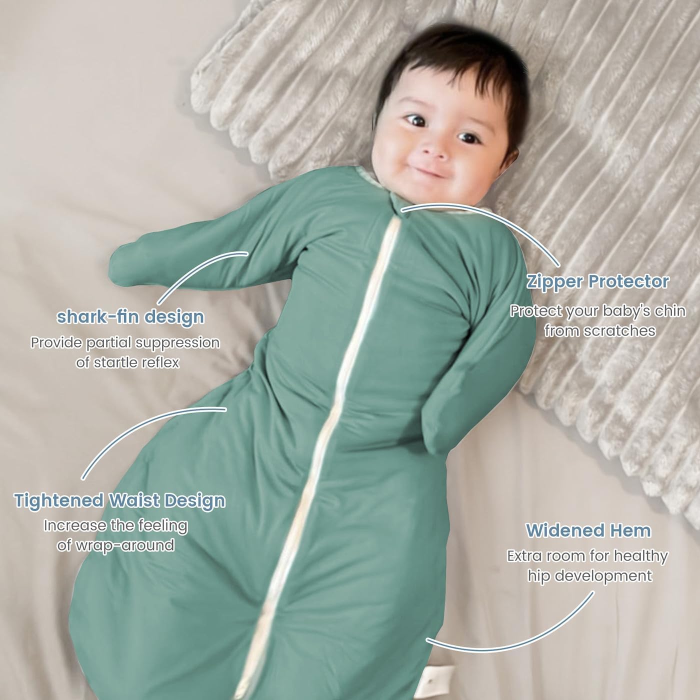 ZIGJOY two-way zip sleep sack enables easy diaper changes while keeping baby warm.
