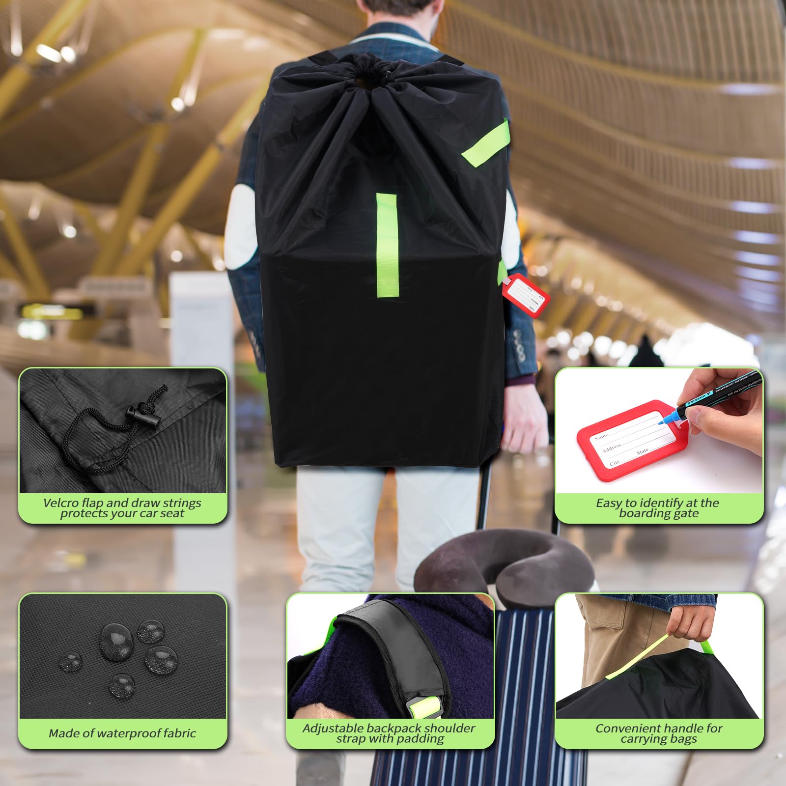 Zihvfzu waterproof car-seat travel bag folded-compact fits backpacks or carry-ons.