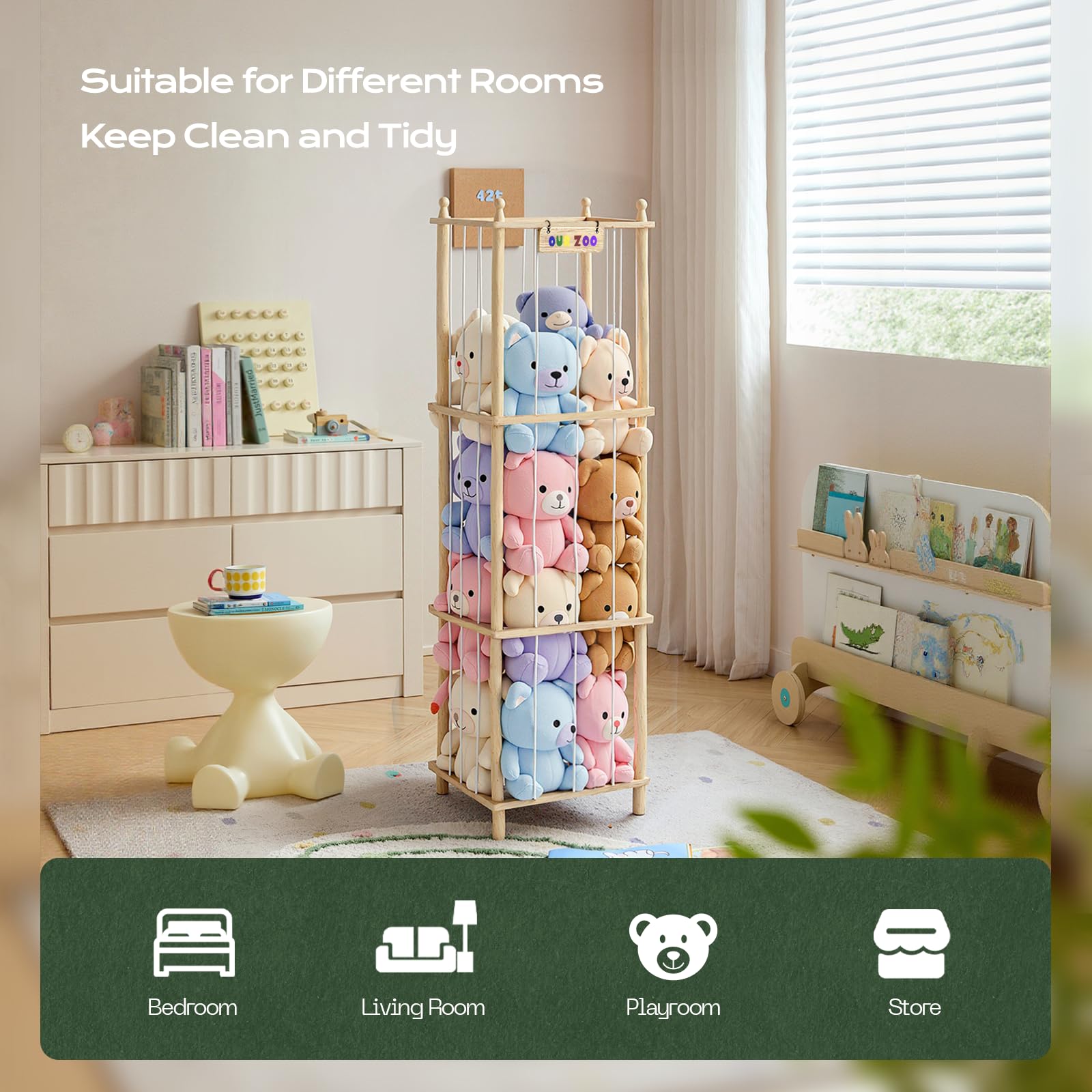 Ziluetar storage capacity image illustrates holding 40+ small plush toys.