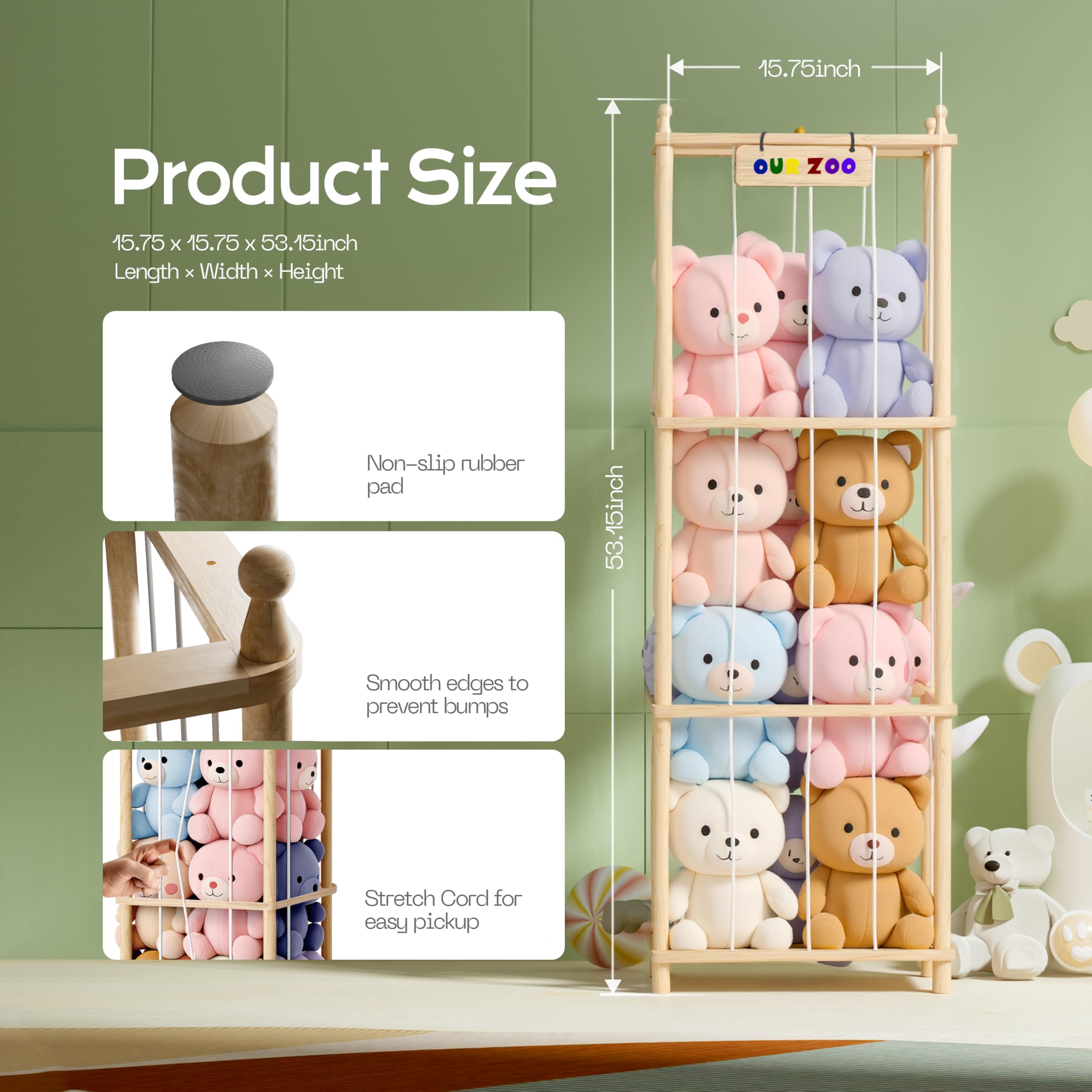 Ziluetar stuffed animal storage wooden zoo assembled angle demonstrates sturdy, durable construction.