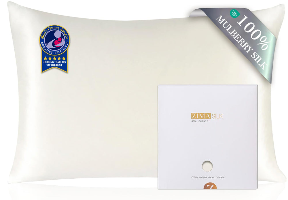 ZIMASILK ivory pillowcase top view shows premium silk for gentle sleep