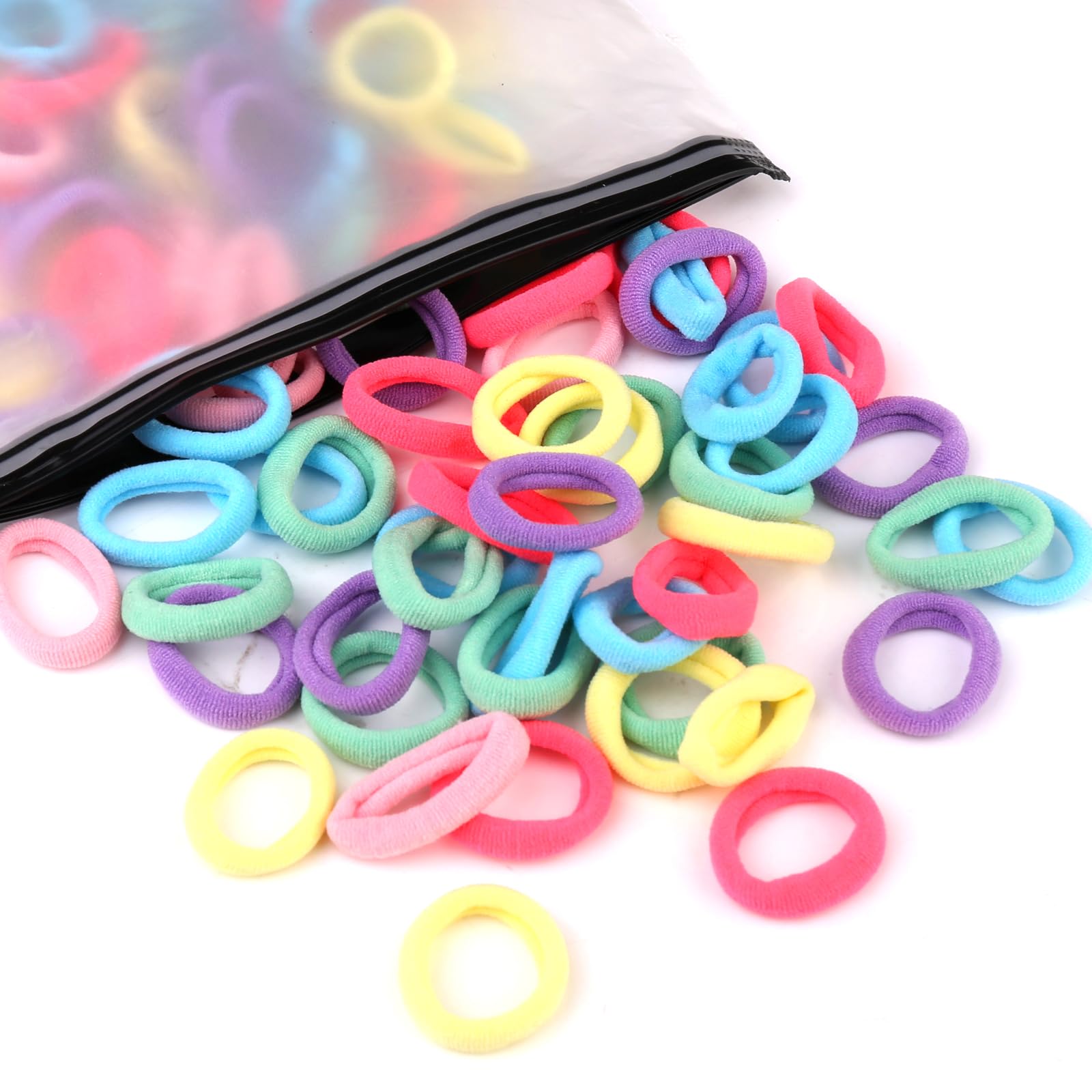Zingso 100-pcs kids hair ties in zipper bag for easy storage and styling.