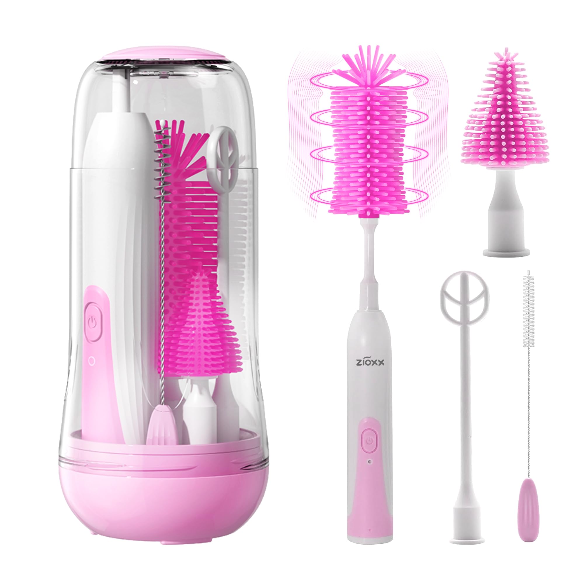 ZIOXX Electric Bottle Brush Cleaner front view in pink simplifies travel bottle cleanup