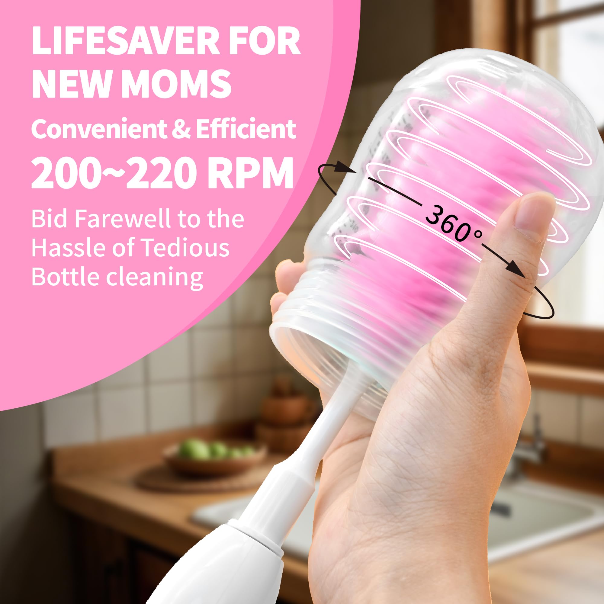 ZIOXX Electric Bottle Brush Cleaner in use with bottle demonstrates fast deep cleaning