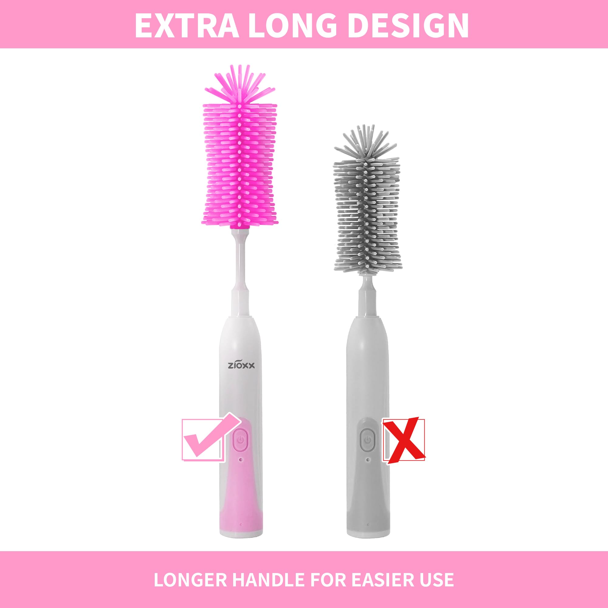 ZIOXX Electric Bottle Brush Cleaner side view shows compact travel-friendly design