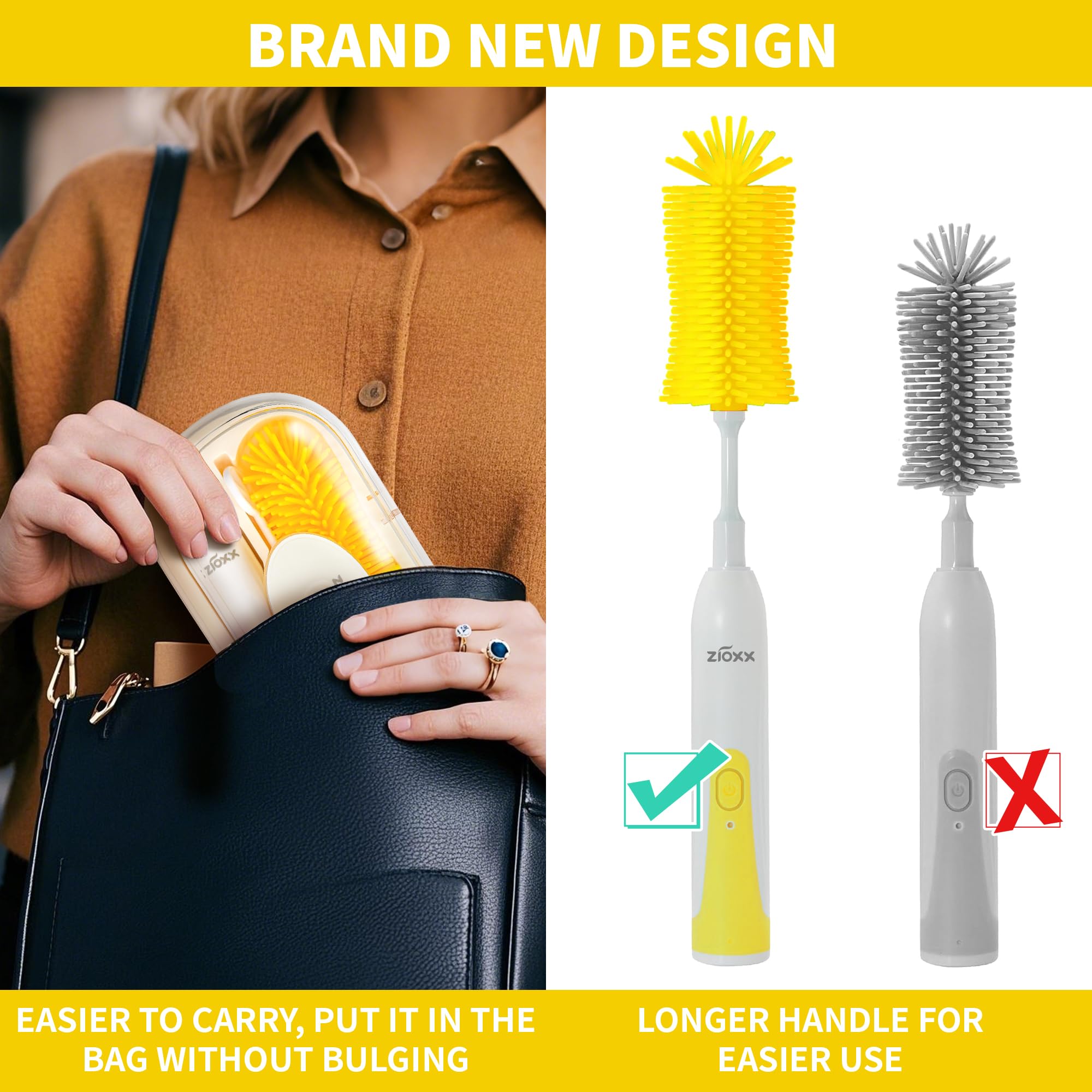 ZIOXX portable baby bottle brush fits easily in bags for travel cleaning.