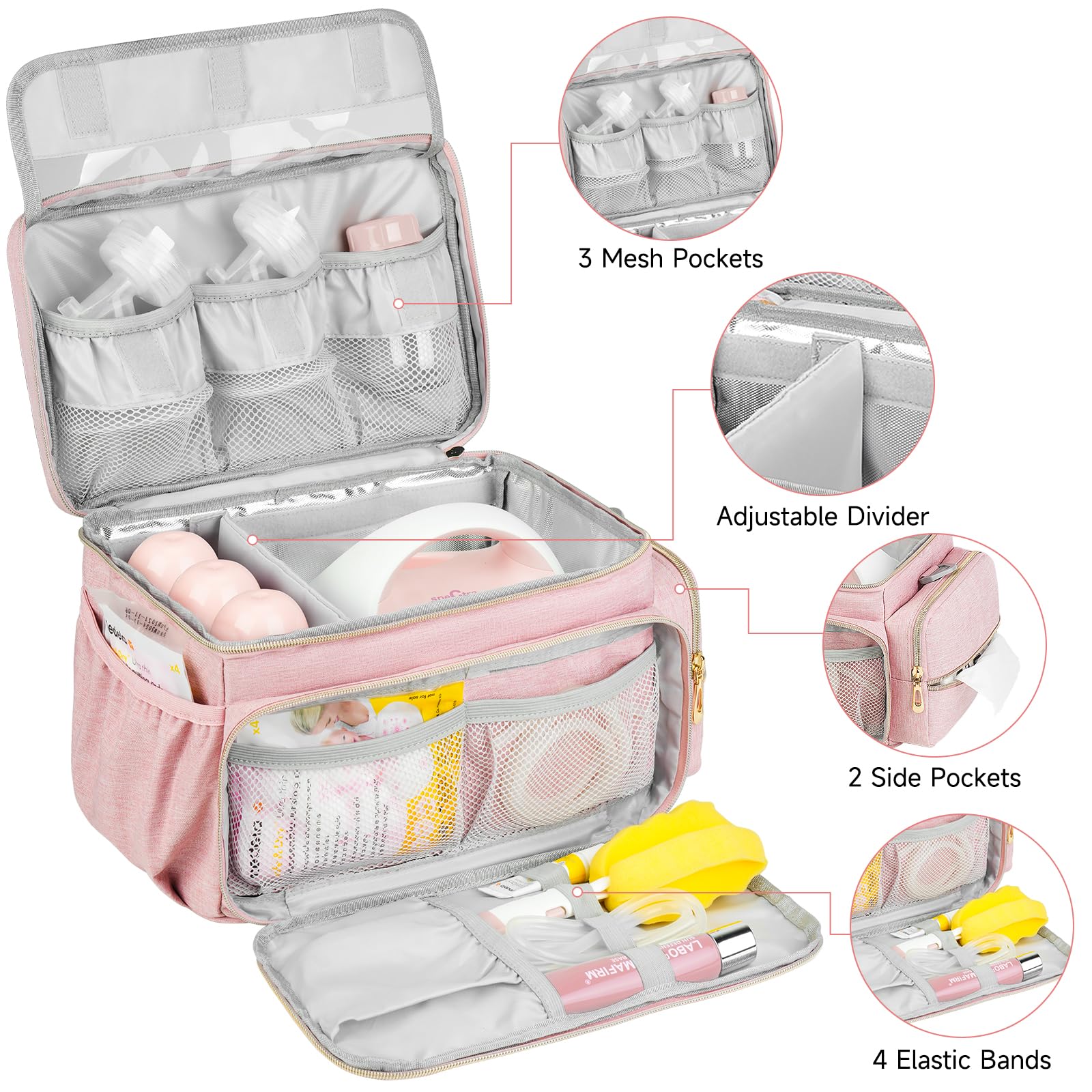 ZIOZERTT bag provides multiple pockets for pump, bottles, and accessories for organization.
