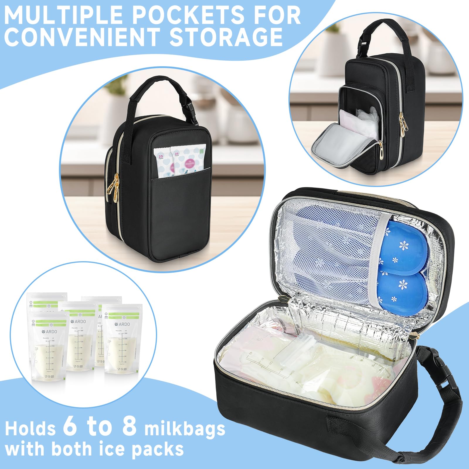 ZIOZERTT breastmilk cooler bag inside compartment with storage for milk bags and accessories.