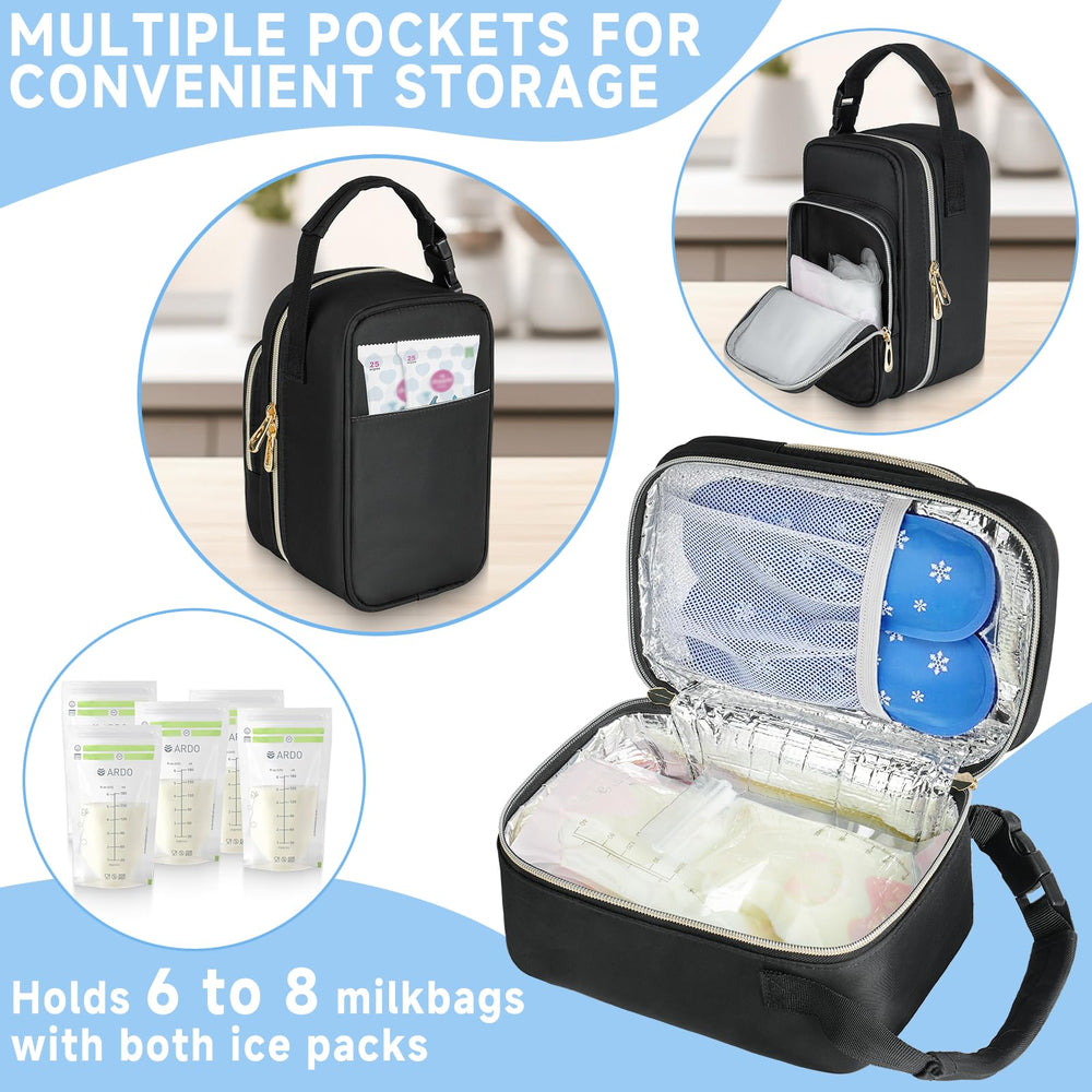 ZIOZERTT breastmilk cooler bag inside compartment with storage for milk bags and accessories.