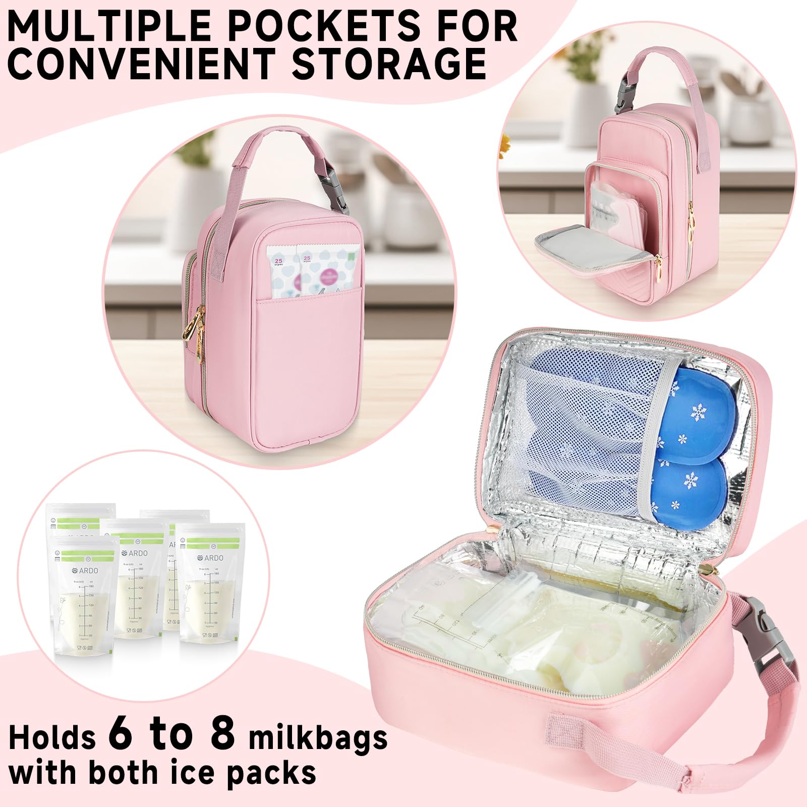 ZIOZERTT breastmilk cooler bag pink main compartment holds ice packs and bags