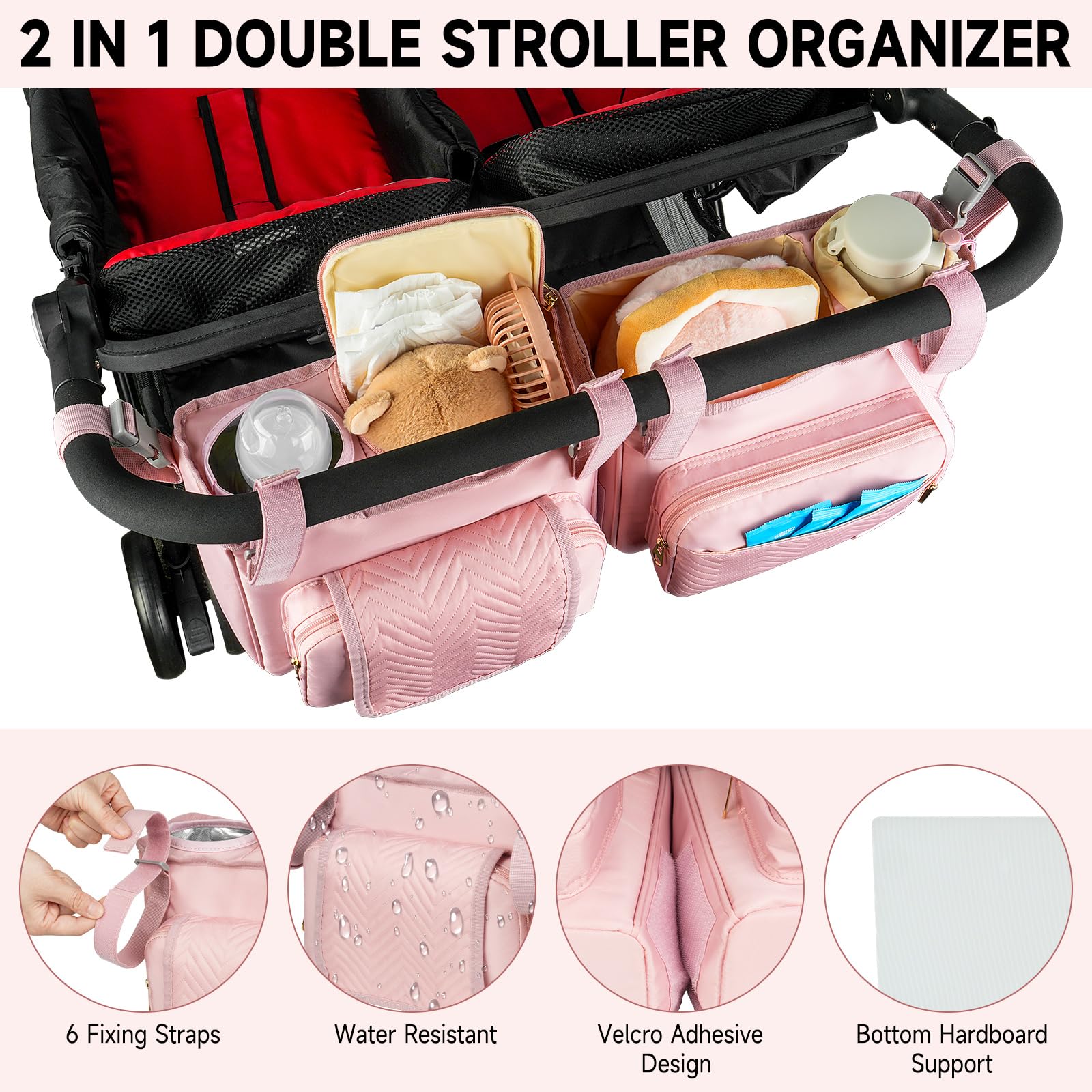 ZIOZERTT seven-pocket storage keeps diapers, bottles, toys, and phones organized.