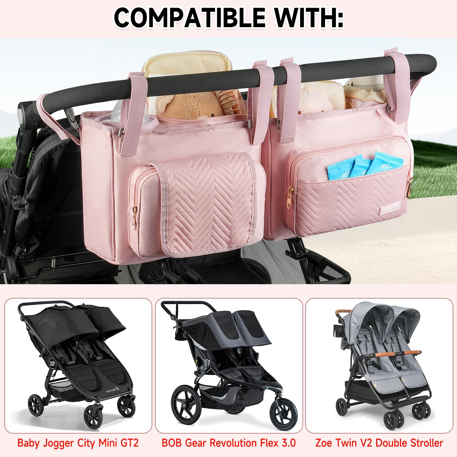 ZIOZERTT double stroller caddy on GT2 compatibility view ensures quick access.