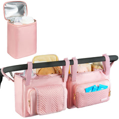 ZIOZERTT double stroller caddy front view in pink offers organized on-the-go storage.