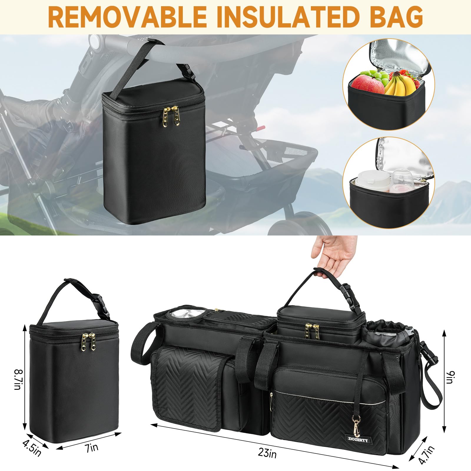 ZIOZERTT Double Stroller Caddy side clip attachment securing the bag