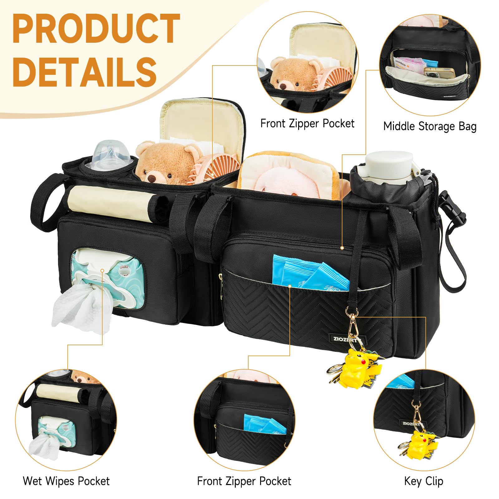 ZIOZERTT Double Stroller Caddy cooler pocket with foil lining