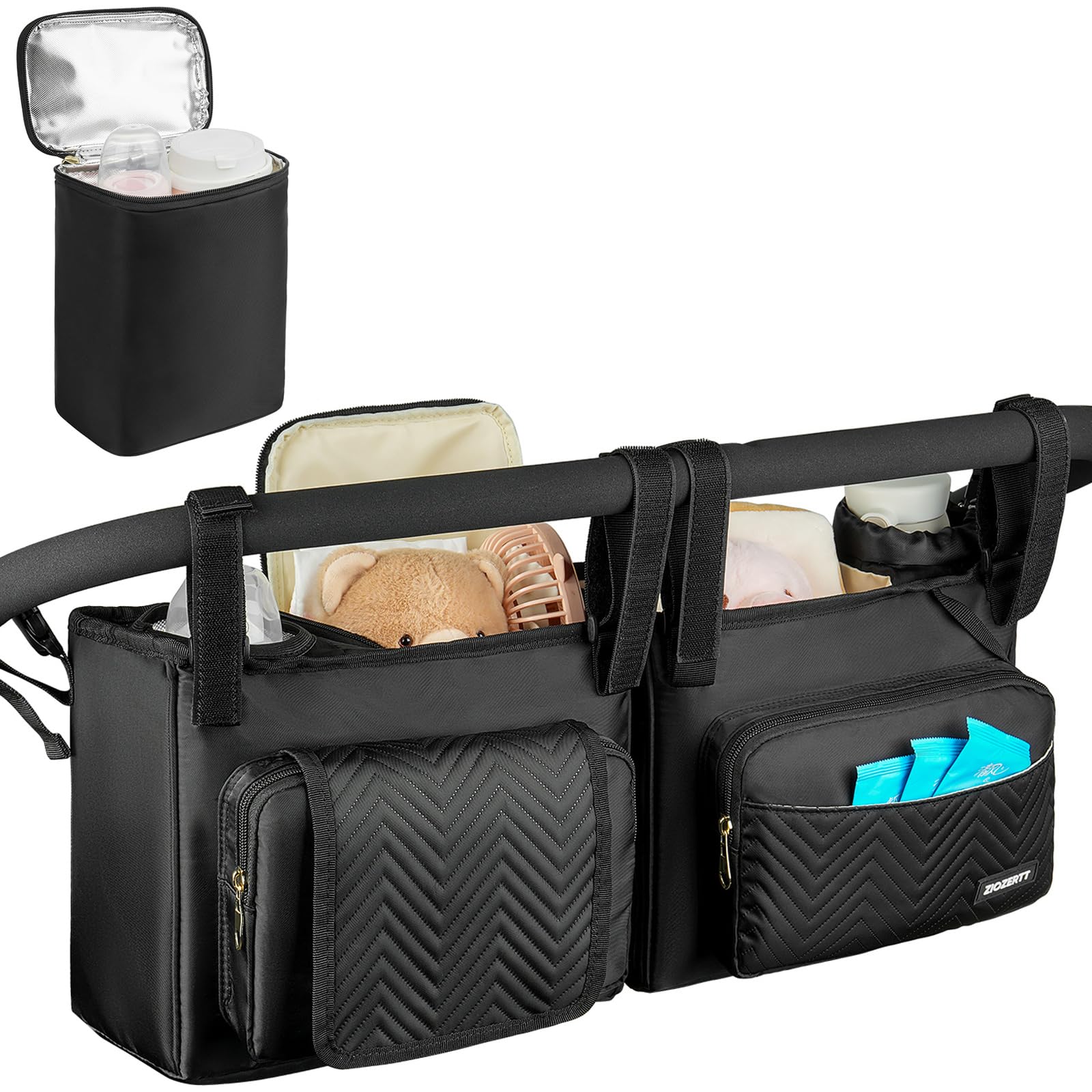 ZIOZERTT Double Stroller Caddy front view showing roomy pockets for essentials
