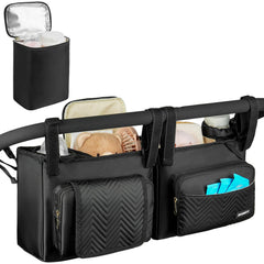 ZIOZERTT Double Stroller Caddy front view showing roomy pockets for essentials