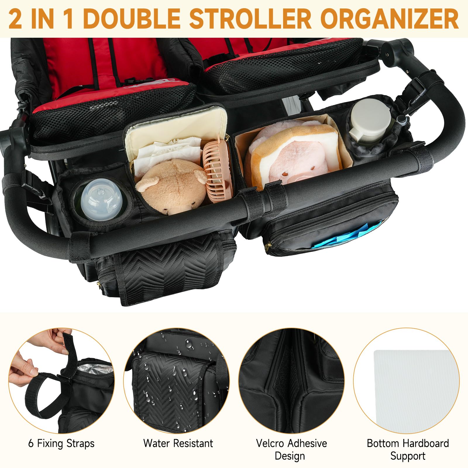 ZIOZERTT Double Stroller Caddy insulated cup holders in use
