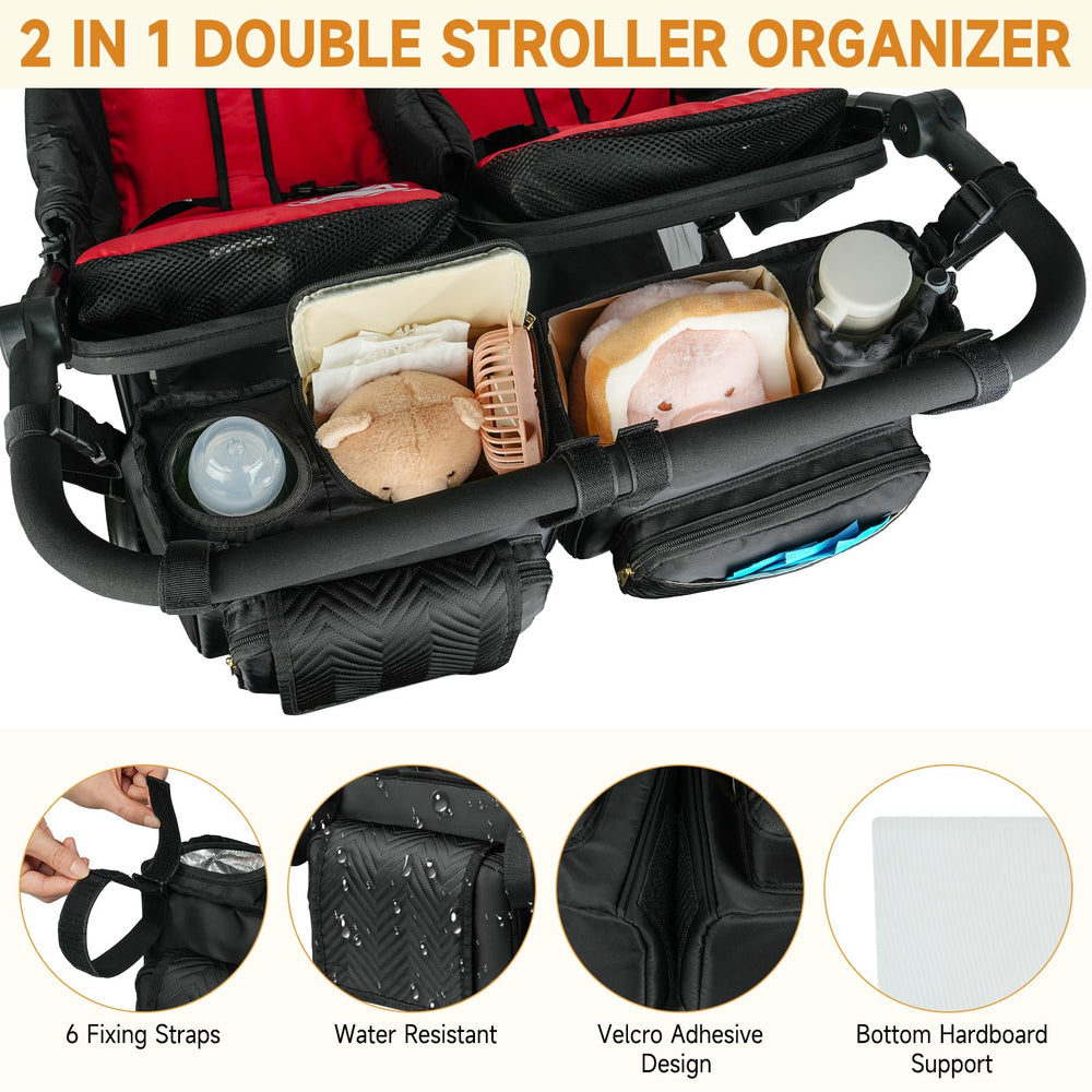 ZIOZERTT Double Stroller Caddy insulated cup holders in use