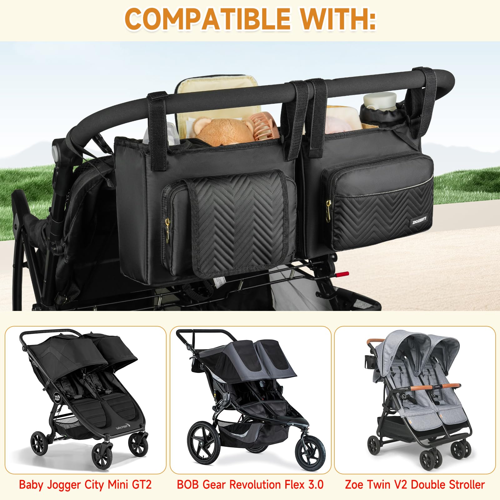 ZIOZERTT Double Stroller Caddy side view highlighting side storage access