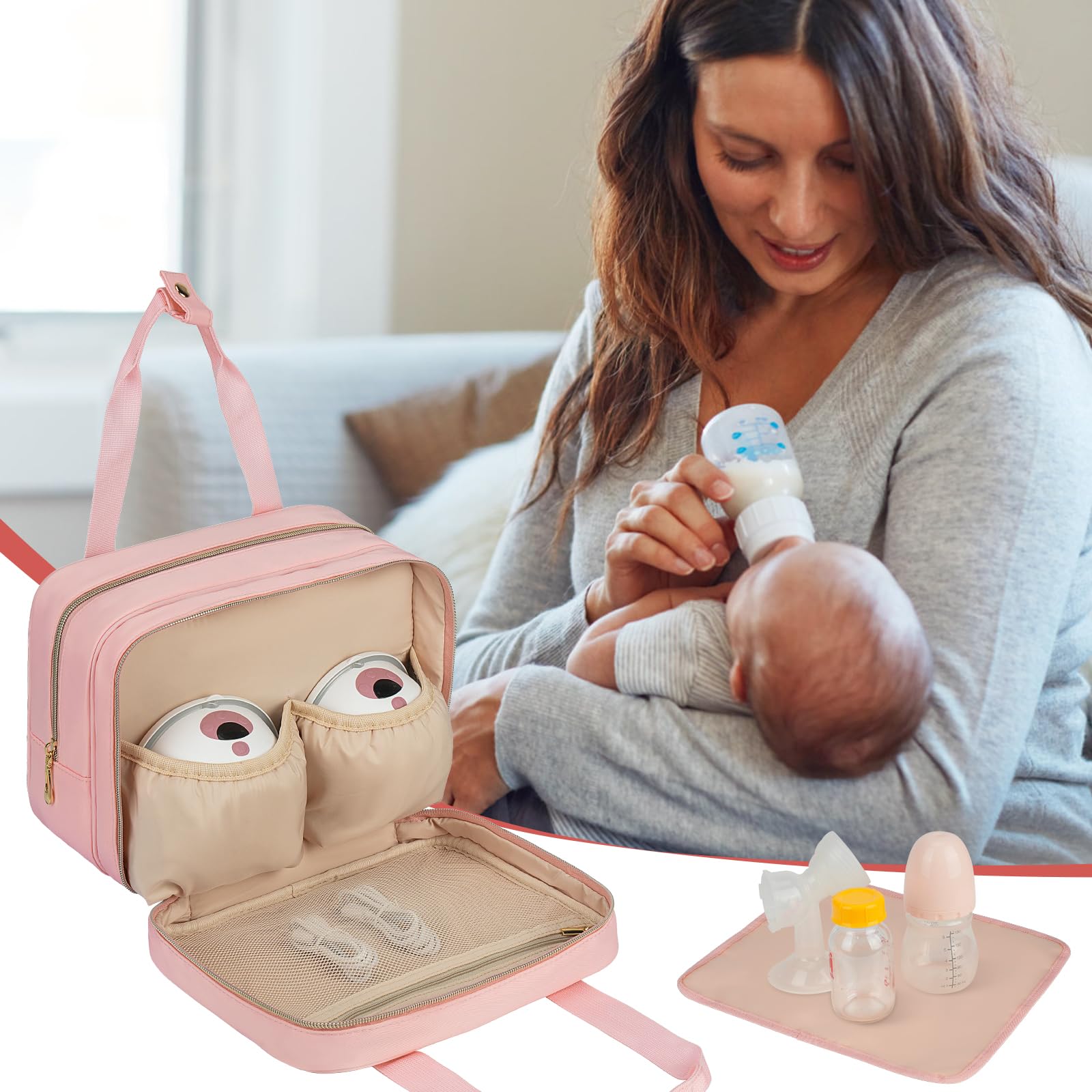 ZIOZERTT pink-insulated-compartment keeps pumped milk organized and insulated.