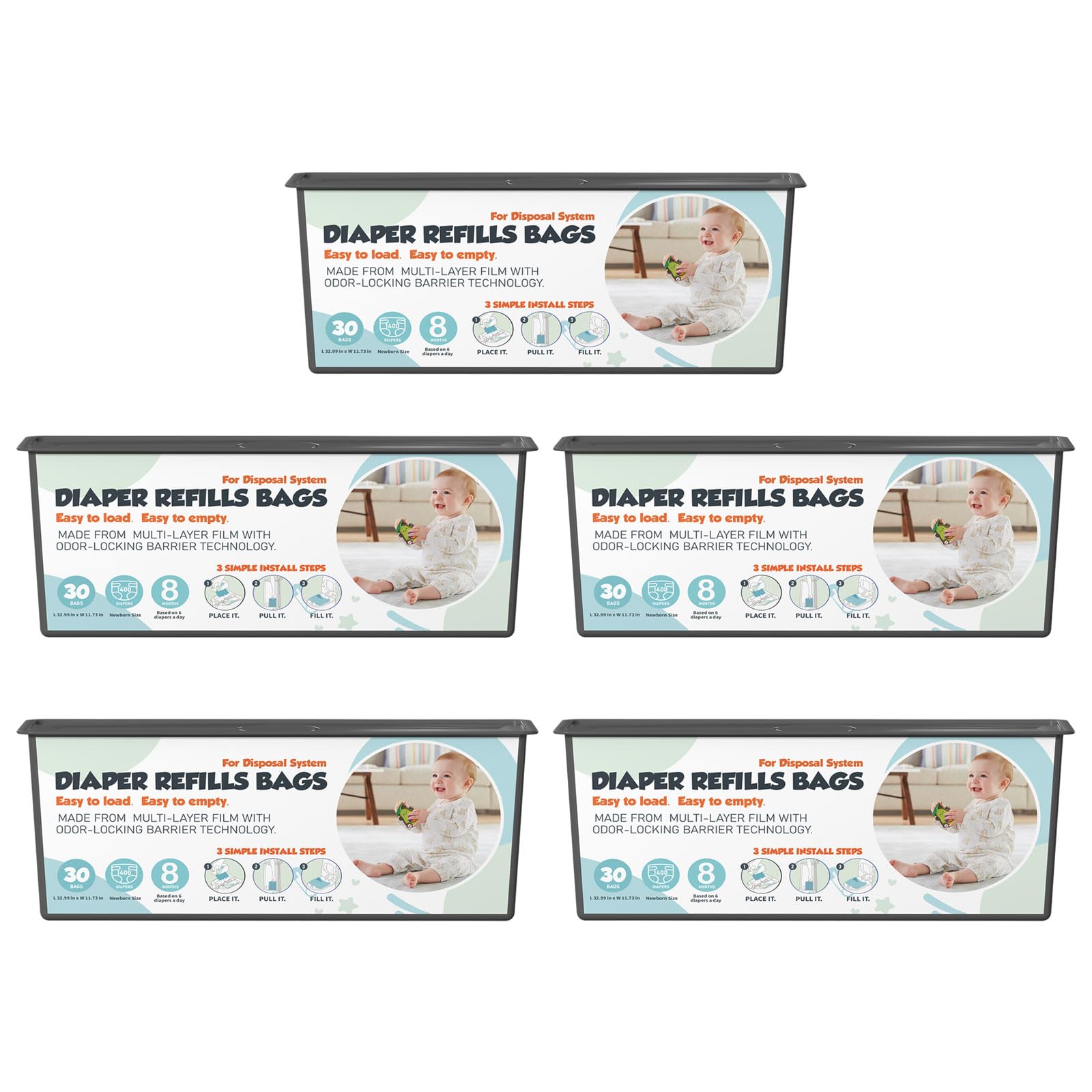Zippland diaper pail refills close-up showing 30 bags per refill for easy swapping