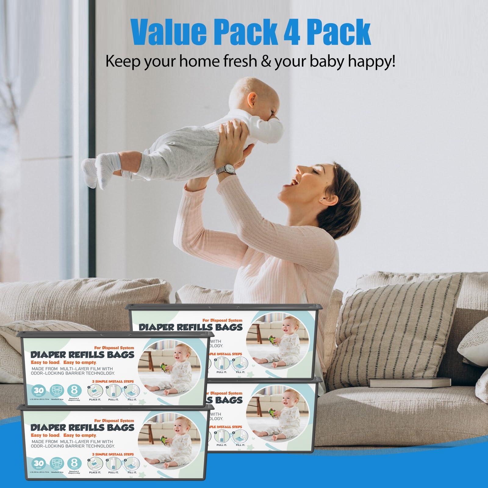 Zippland four-pack packaging with 120 bags for extended use.