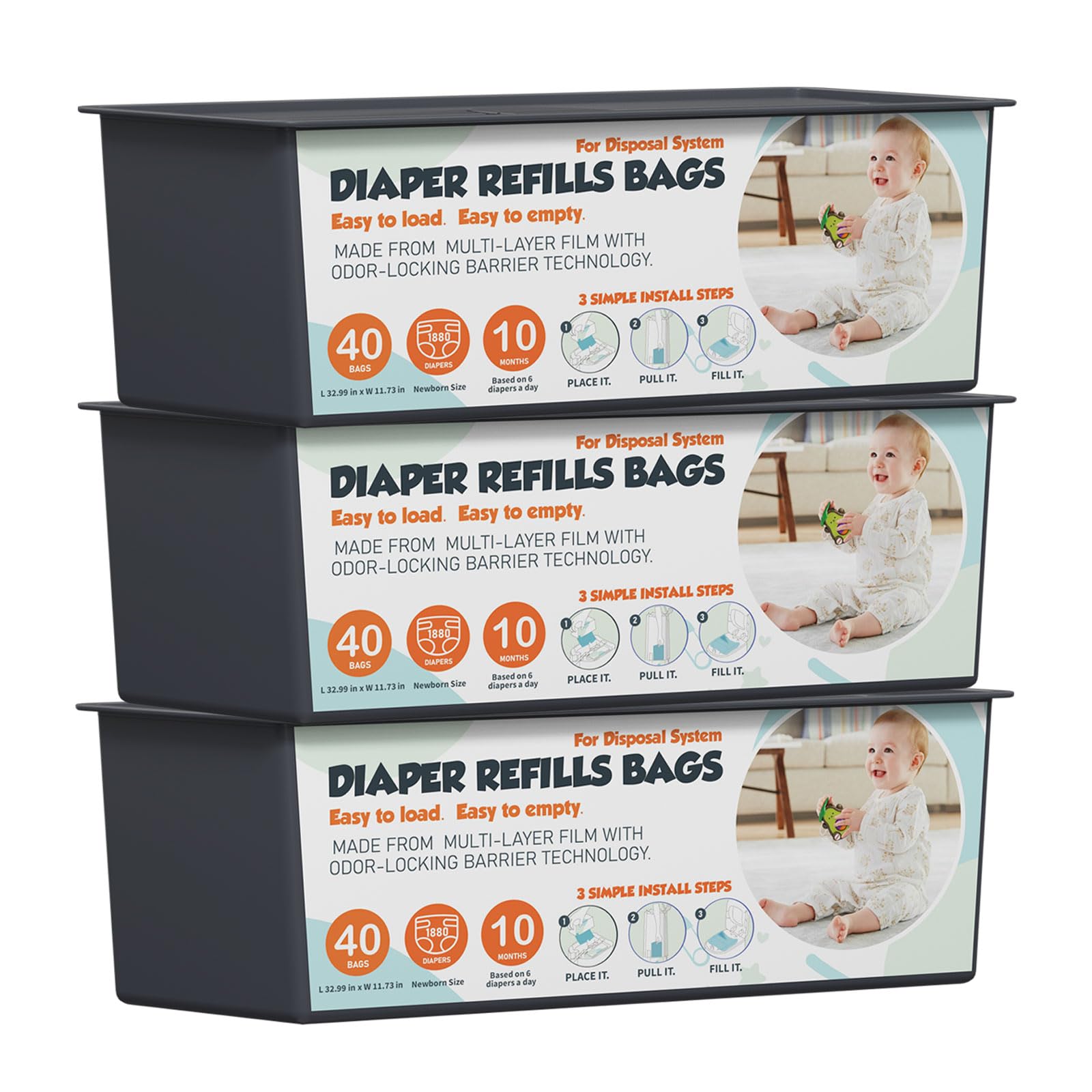 Zippland upgrade diaper pail refills showcase 3-pack with 120 bags for extended use
