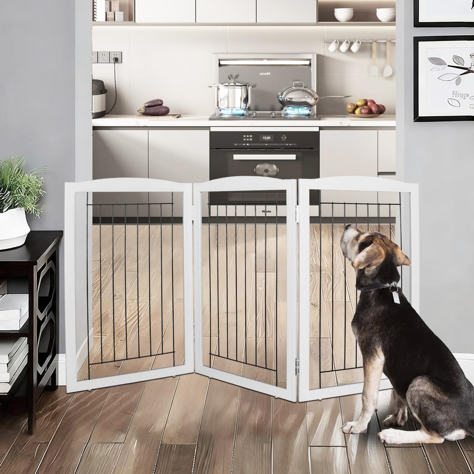 ZJSF 3-panel dog gate folded into z-shape for versatile doorway or stair use.