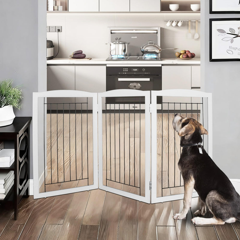 ZJSF 3-panel dog gate folded into z-shape for versatile doorway or stair use.