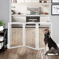 ZJSF 3-panel dog gate folded into z-shape for versatile doorway or stair use.