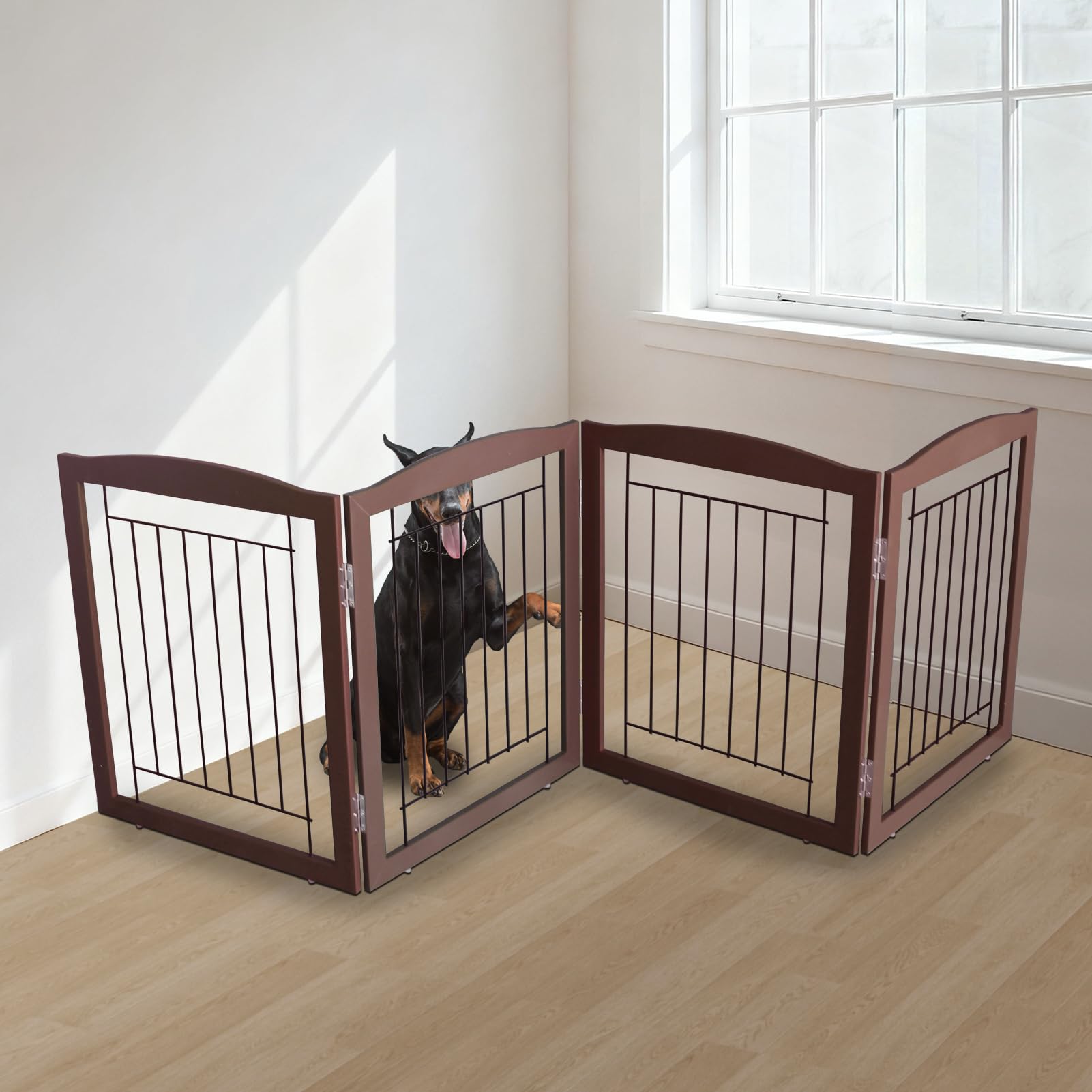 ZJSF brown wooden finish pet gate suitable for homes and pets.