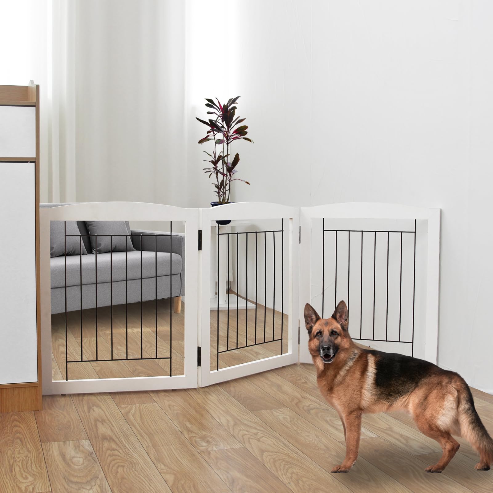 ZJSF dog gate 3-panel open, ideal for wide hallways and safe pet separation.