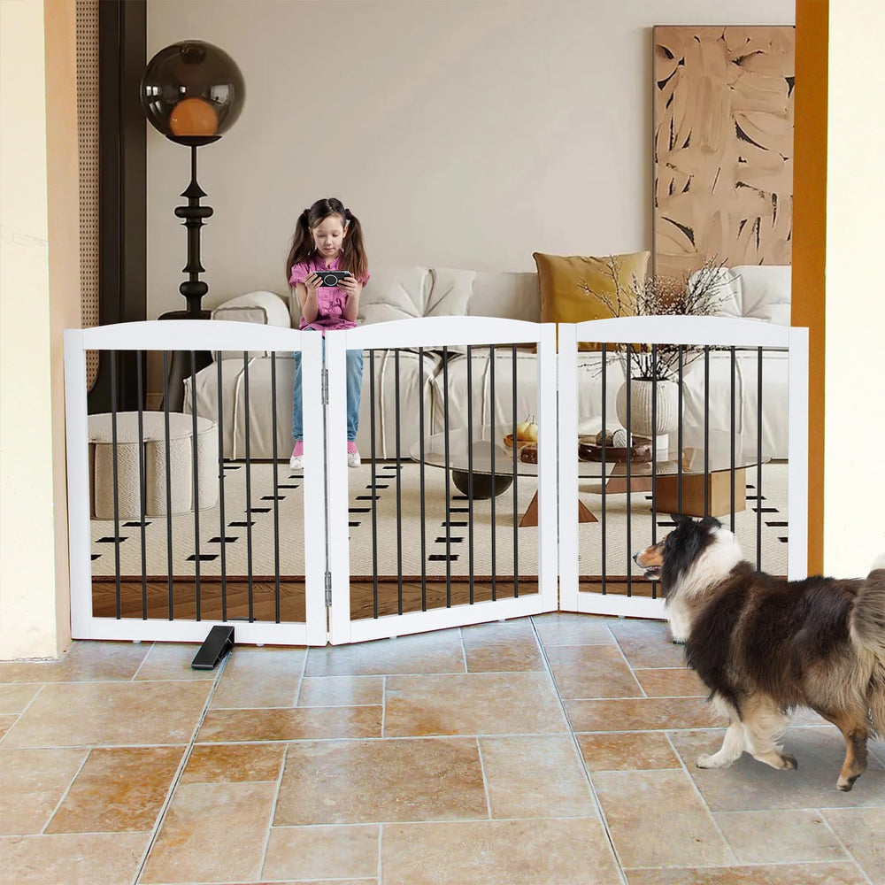 ZJSF dog gate assembled setup shows ready-to-use freestanding panels for instant pet separation.