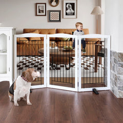 ZJSF freestanding dog gate assembled in doorway, showcasing sturdy wood and steel for secure pet separation.